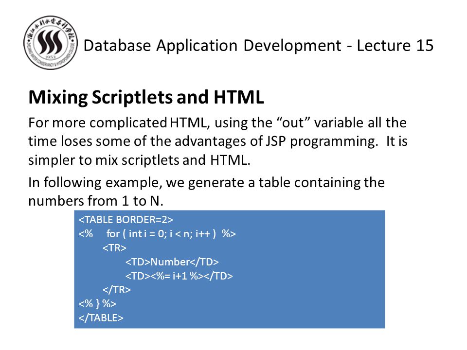 Mixing Scriptlets and HTML For more complicated HTML, using the out variable all the time loses some of the advantages of JSP programming.
