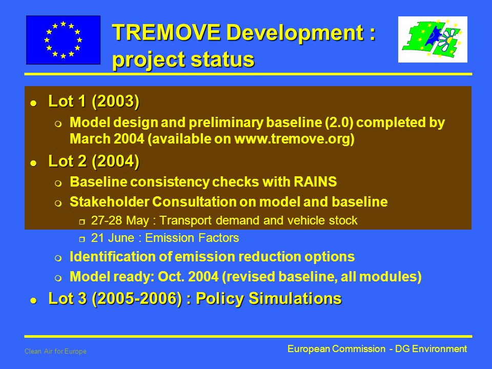 European Commission - DG Environment Clean Air for Europe TREMOVE Development : project status l Lot 1 (2003) m Model design and preliminary baseline (2.0) completed by March 2004 (available on   l Lot 2 (2004) m Baseline consistency checks with RAINS m Stakeholder Consultation on model and baseline r May : Transport demand and vehicle stock r 21 June : Emission Factors m Identification of emission reduction options m Model ready: Oct.