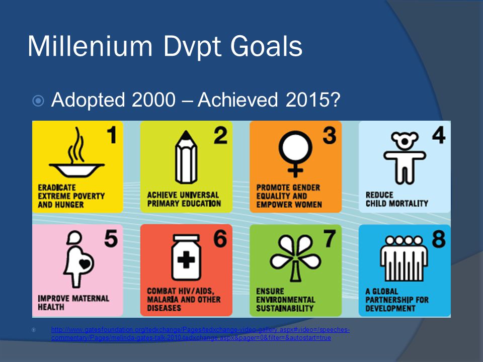 Millenium Dvpt Goals  Adopted 2000 – Achieved 2015.
