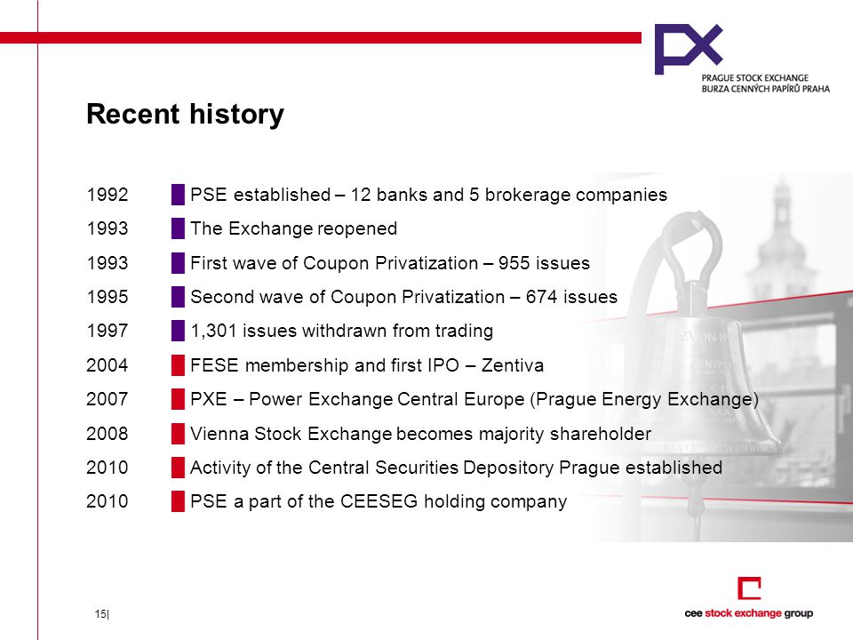 15| Recent history 1992█ PSE established – 12 banks and 5 brokerage companies 1993█ The Exchange reopened 1993█ First wave of Coupon Privatization – 955 issues 1995█ Second wave of Coupon Privatization – 674 issues 1997█ 1,301 issues withdrawn from trading 2004█ FESE membership and first IPO – Zentiva 2007█ PXE – Power Exchange Central Europe (Prague Energy Exchange) 2008█ Vienna Stock Exchange becomes majority shareholder 2010█ Activity of the Central Securities Depository Prague established 2010█ PSE a part of the CEESEG holding company