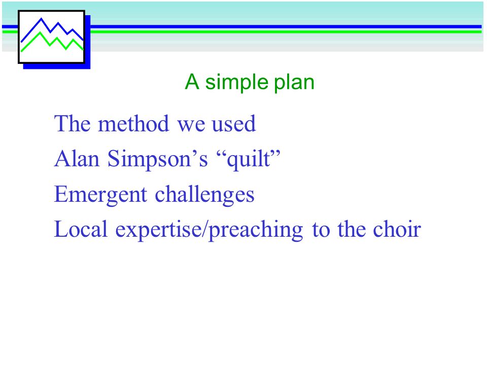 A simple plan The method we used Alan Simpson’s quilt Emergent challenges Local expertise/preaching to the choir