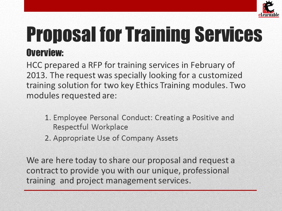 health care cooperative proposal for training services elearnable proposal to conduct training