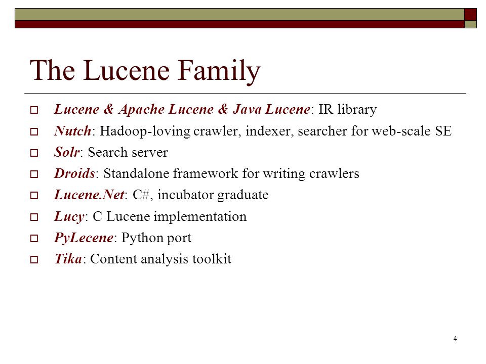 1 Introduction to Lucene Rong Jin. What is Lucene ?  Lucene is a high  performance, scalable Information Retrieval (IR) library Free, open-source  project. - ppt download