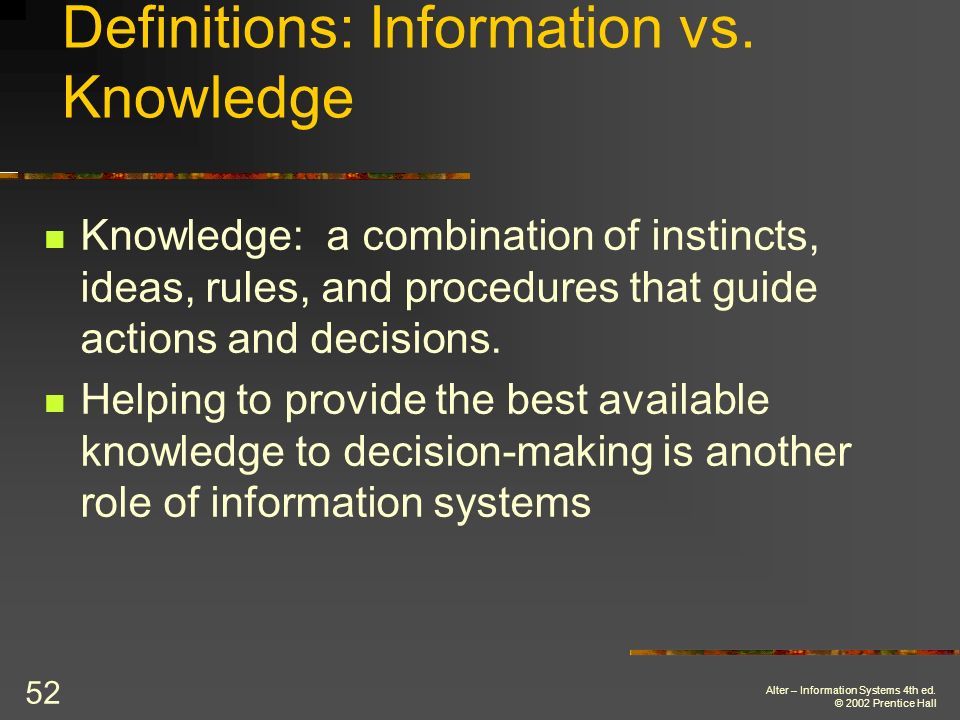 Alter – Information Systems 4th ed. © 2002 Prentice Hall 52 Definitions: Information vs.