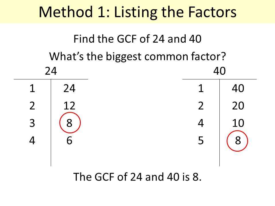 Method 1: Listing the Factors Find the GCF of 24 and What’s the biggest common factor.