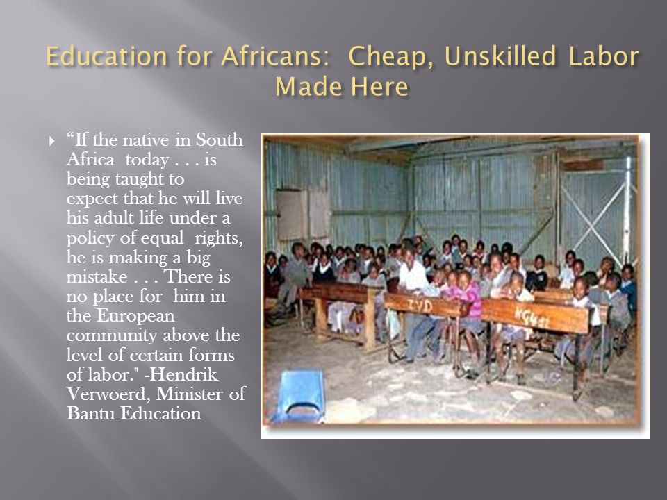 Education for Africans: Cheap, Unskilled Labor Made Here  If the native in South Africa today...