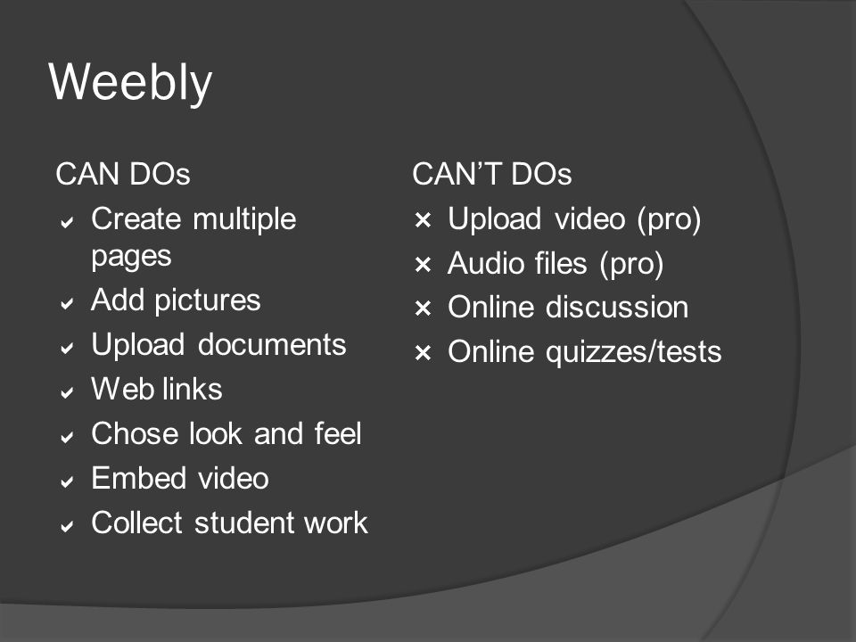 Weebly CAN DOs  Create multiple pages  Add pictures  Upload documents  Web links  Chose look and feel  Embed video  Collect student work CAN’T DOs  Upload video (pro)  Audio files (pro)  Online discussion  Online quizzes/tests