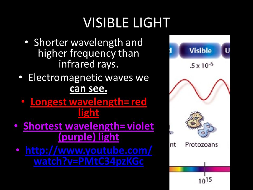 VISIBLE LIGHT Shorter wavelength and higher frequency than infrared rays.