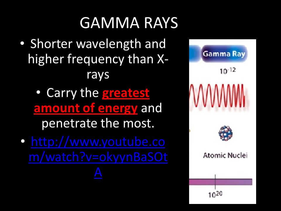 GAMMA RAYS Shorter wavelength and higher frequency than X- rays Carry the greatest amount of energy and penetrate the most.