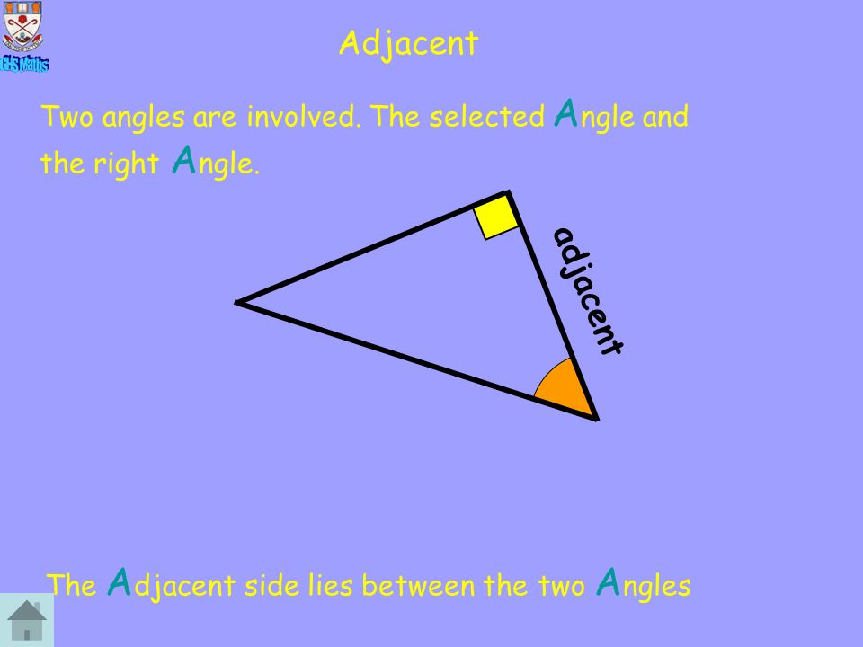 Adjacent Two angles are involved. The selected A ngle and the right A ngle.