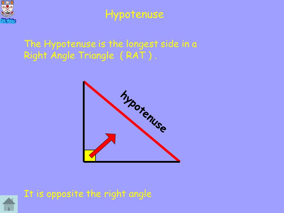 Hypotenuse The Hypotenuse is the longest side in a Right Angle Triangle ( RAT ).