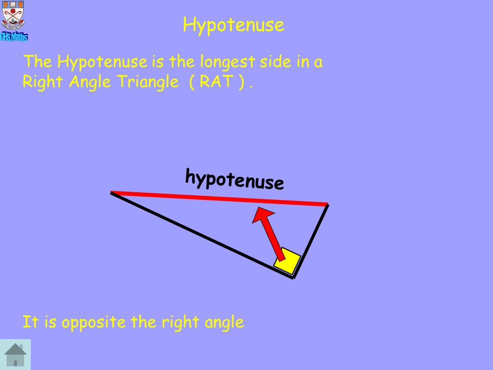 Hypotenuse The Hypotenuse is the longest side in a Right Angle Triangle ( RAT ).
