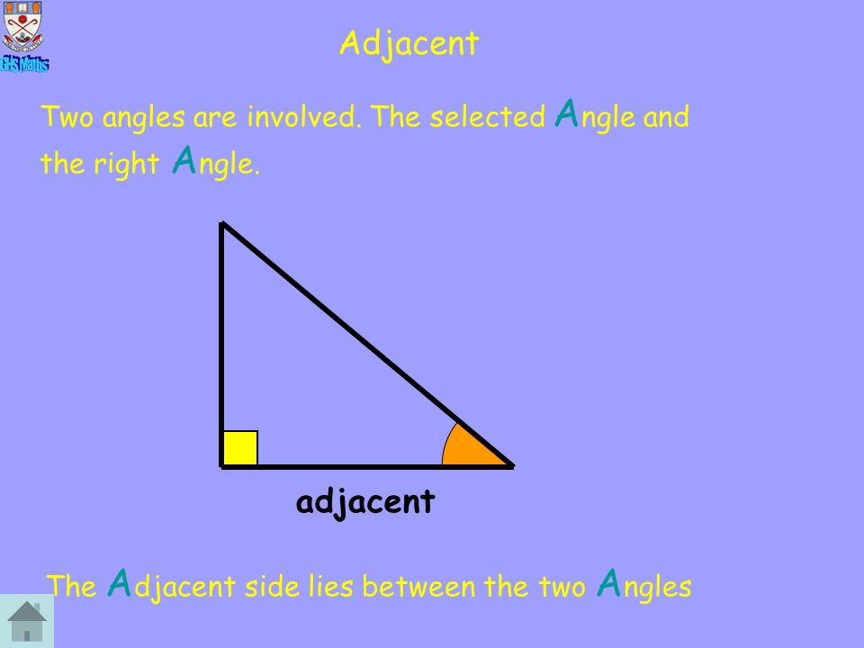 Adjacent Two angles are involved. The selected A ngle and the right A ngle.