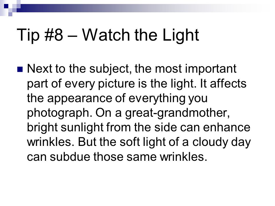 Tip #8 – Watch the Light Next to the subject, the most important part of every picture is the light.