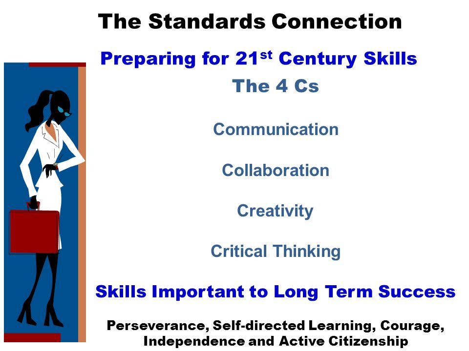 The Standards Connection Preparing for 21 st Century Skills The 4 Cs Communication Collaboration Creativity Critical Thinking Skills Important to Long Term Success Perseverance, Self-directed Learning, Courage, Independence and Active Citizenship