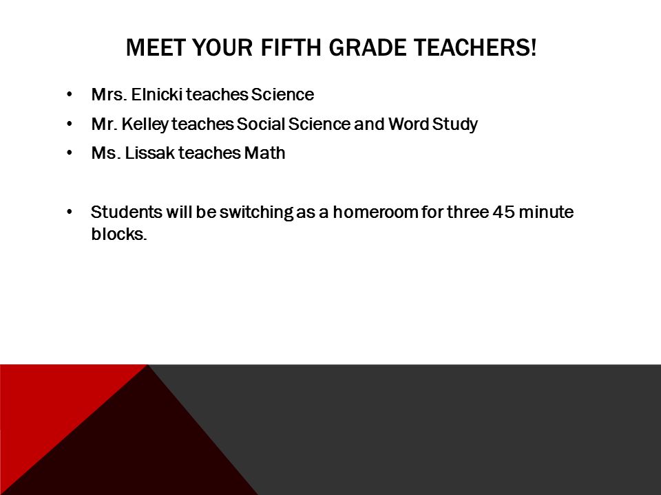 MEET YOUR FIFTH GRADE TEACHERS. Mrs. Elnicki teaches Science Mr.