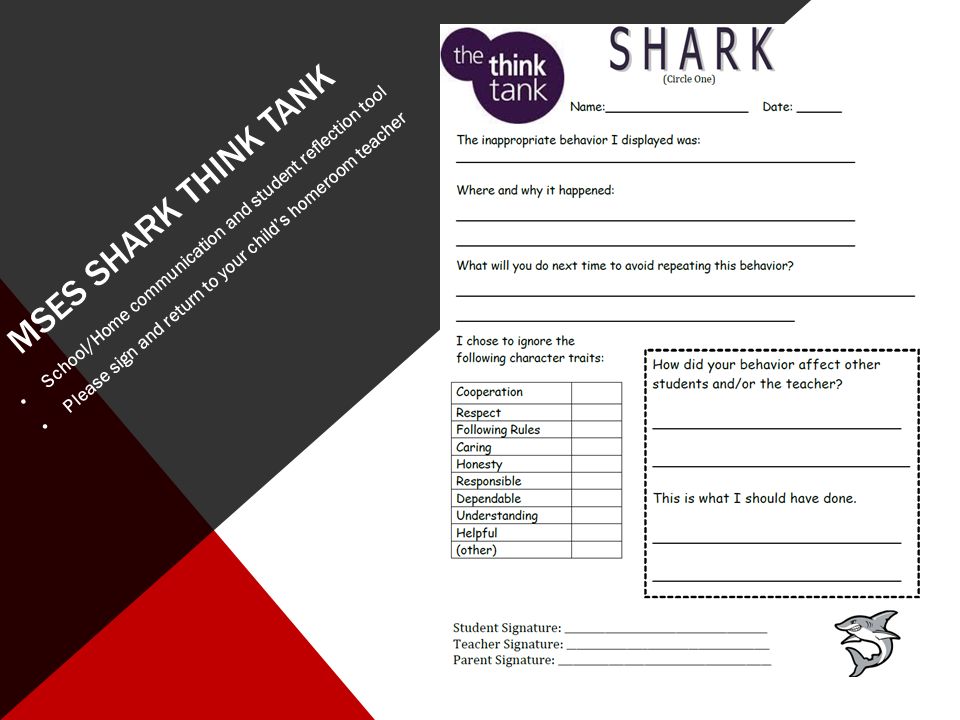 MSES SHARK THINK TANK School/Home communication and student reflection tool Please sign and return to your child’s homeroom teacher