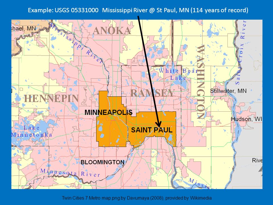 Example: USGS Mississippi St Paul, MN (114 years of record) Twin Cities 7 Metro map.png by Davumaya (2008), provided by Wikimedia