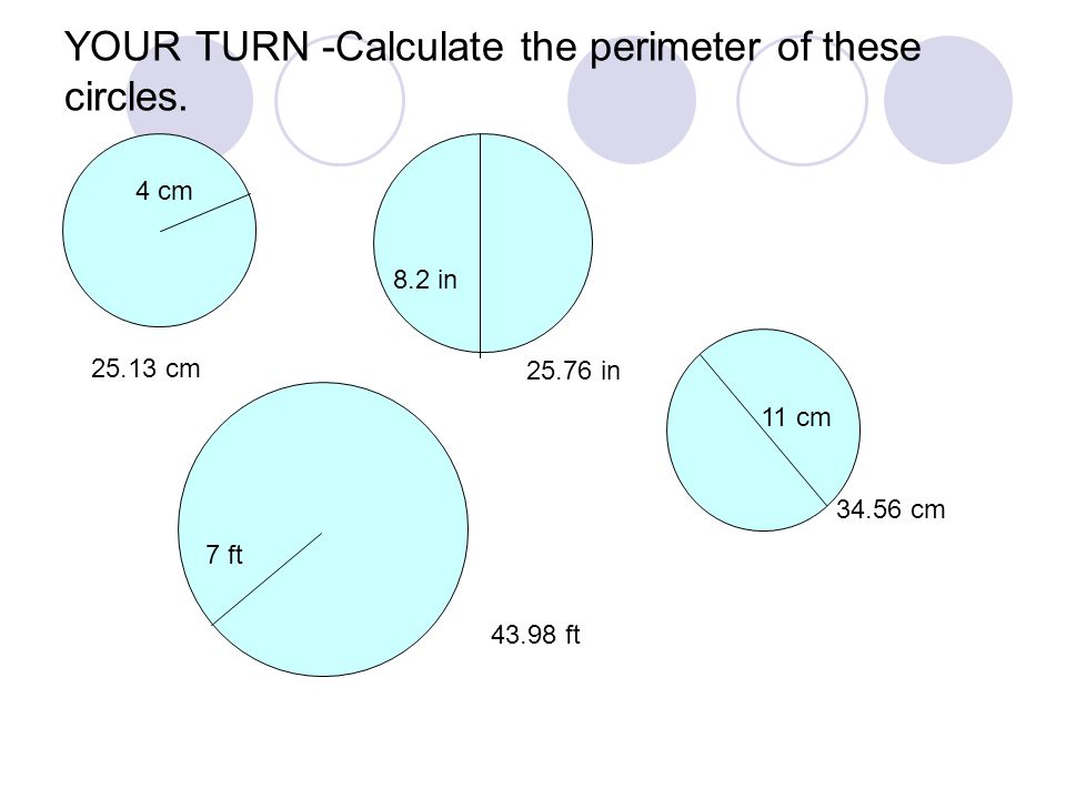 YOUR TURN -Calculate the perimeter of these circles.