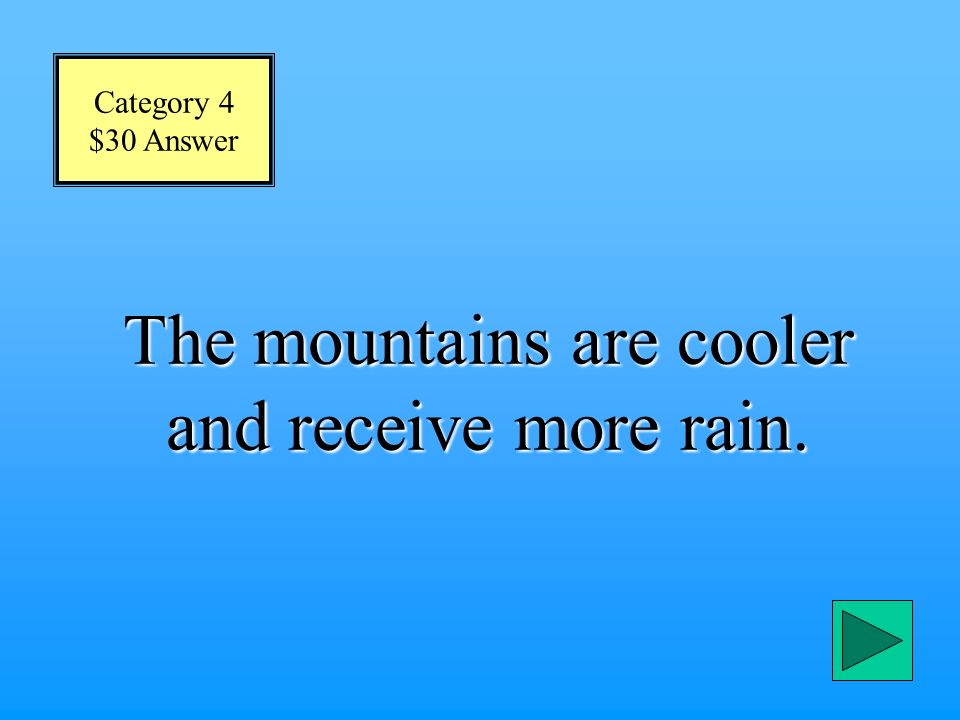 Category 4 $30 Question In what ways does the climate in the mountains differ from the climate along the coast