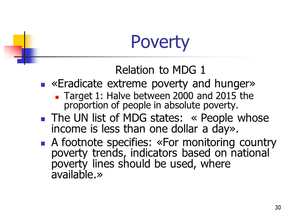 30 Poverty Relation to MDG 1 «Eradicate extreme poverty and hunger» Target 1: Halve between 2000 and 2015 the proportion of people in absolute poverty.