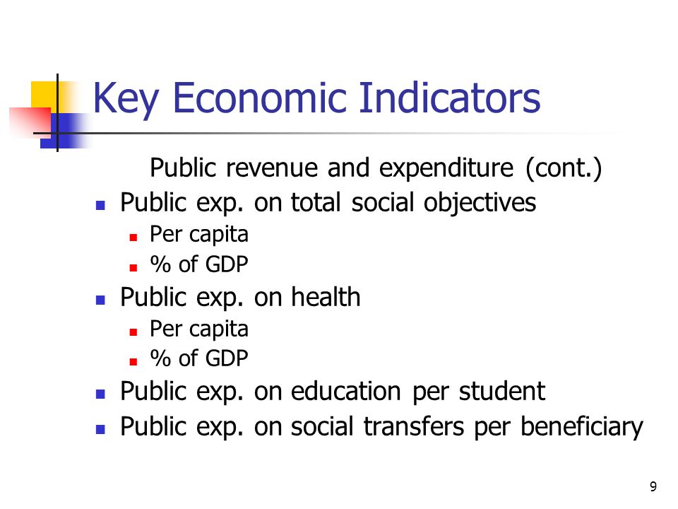 9 Key Economic Indicators Public revenue and expenditure (cont.) Public exp.
