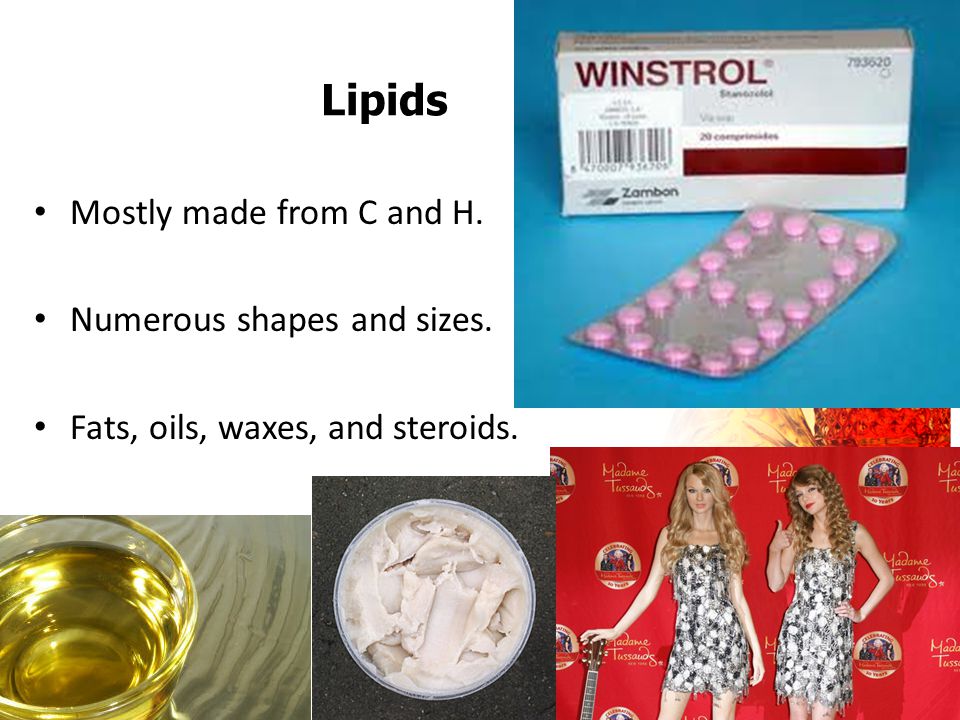 Lipids Mostly made from C and H. Numerous shapes and sizes. Fats, oils, waxes, and steroids.