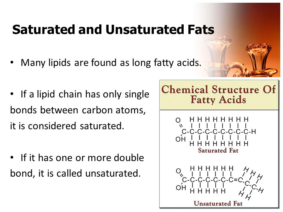 Saturated and Unsaturated Fats Many lipids are found as long fatty acids.