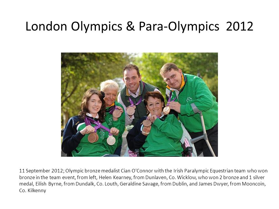 London Olympics & Para-Olympics September 2012; Olympic bronze medalist Cian O Connor with the Irish Paralympic Equestrian team who won bronze in the team event, from left, Helen Kearney, from Dunlaven, Co.