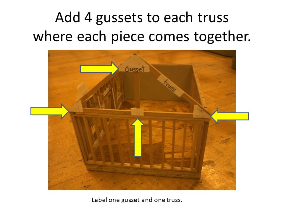 Add 4 gussets to each truss where each piece comes together. Label one gusset and one truss.