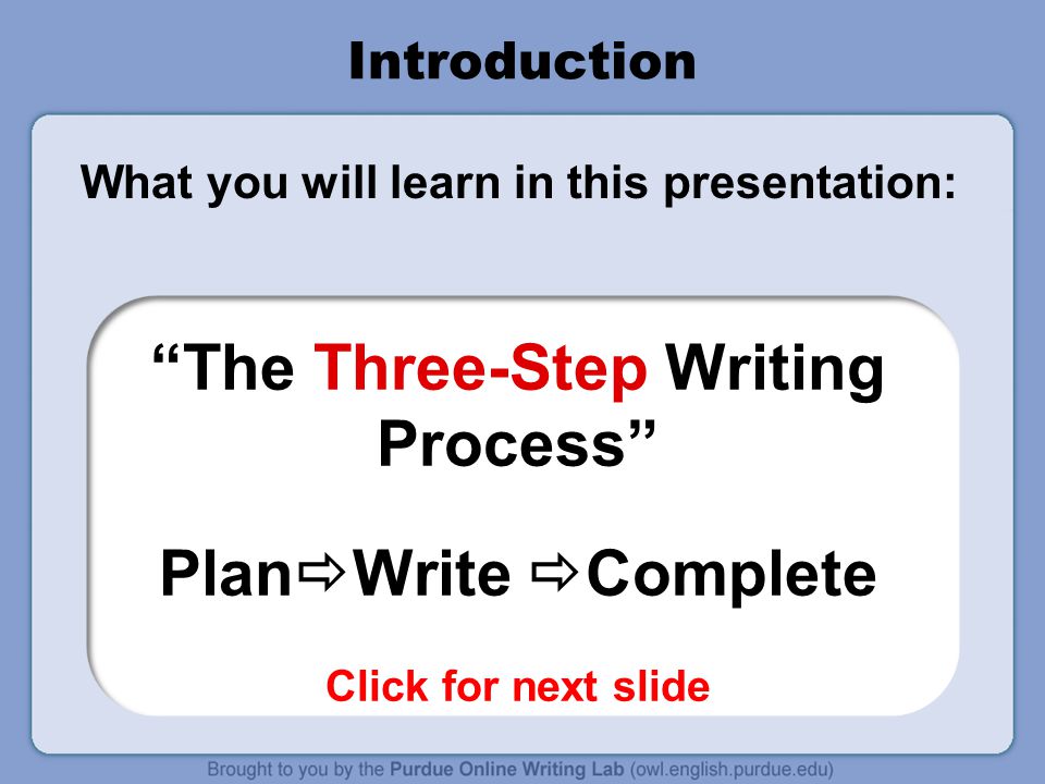 Introduction What you will learn in this presentation: The Three-Step Writing Process Plan  Write  Complete Click for next slide