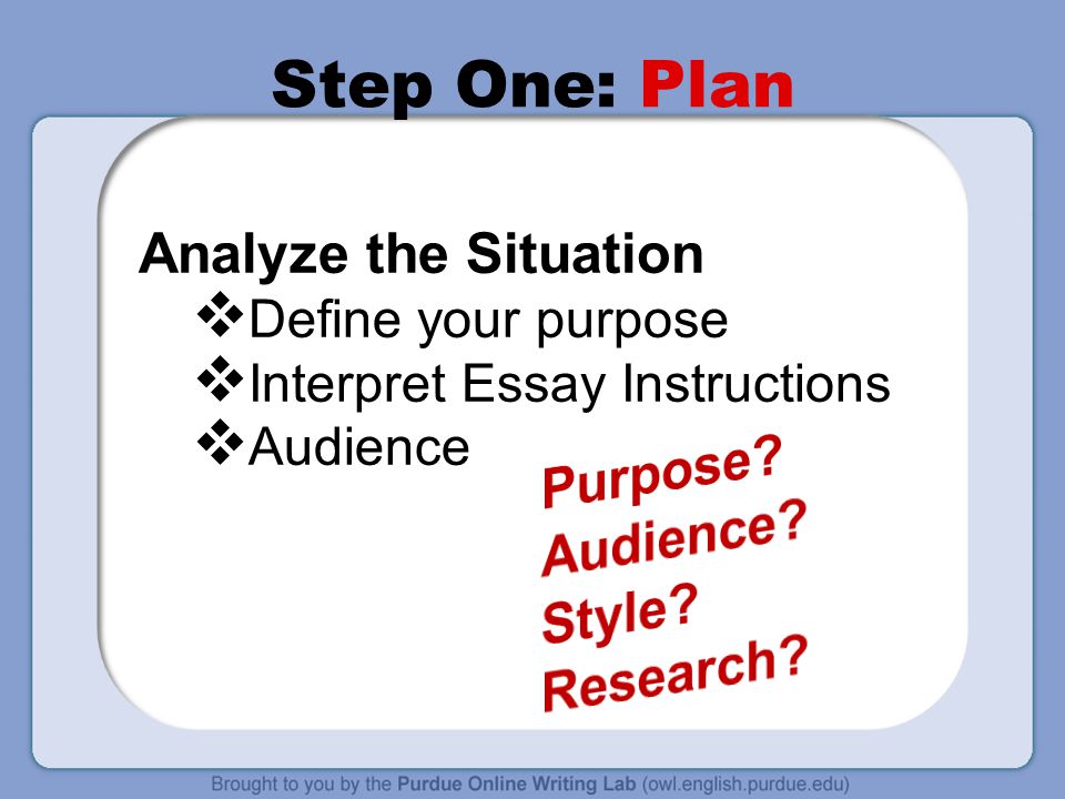 Analyze the Situation  Define your purpose  Interpret Essay Instructions  Audience Step One: Plan