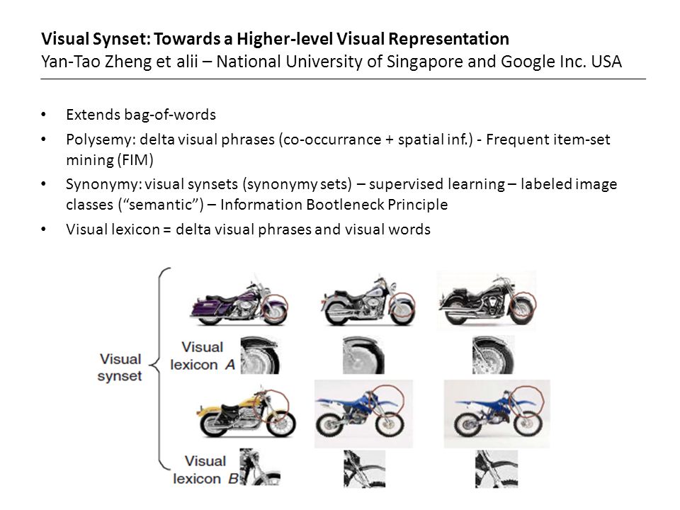 Visual Synset: Towards a Higher-level Visual Representation Yan-Tao Zheng et alii – National University of Singapore and Google Inc.