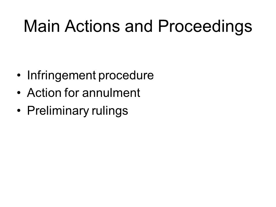Main Actions and Proceedings Infringement procedure Action for annulment Preliminary rulings