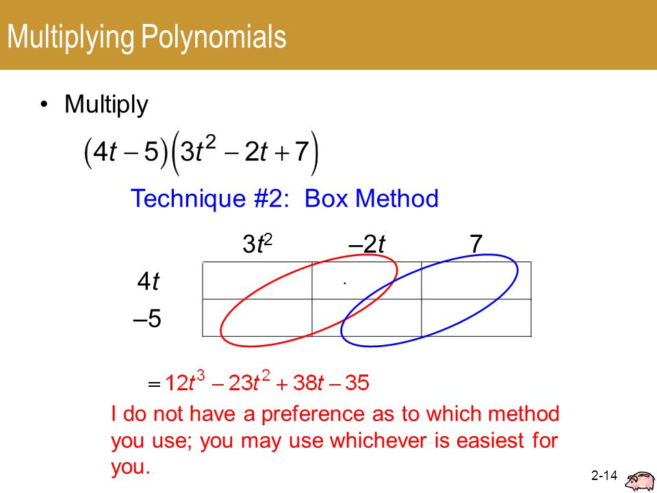 2-14 Multiplying Polynomials Multiply Technique #2: Box Method I do not have a preference as to which method you use; you may use whichever is easiest for you.
