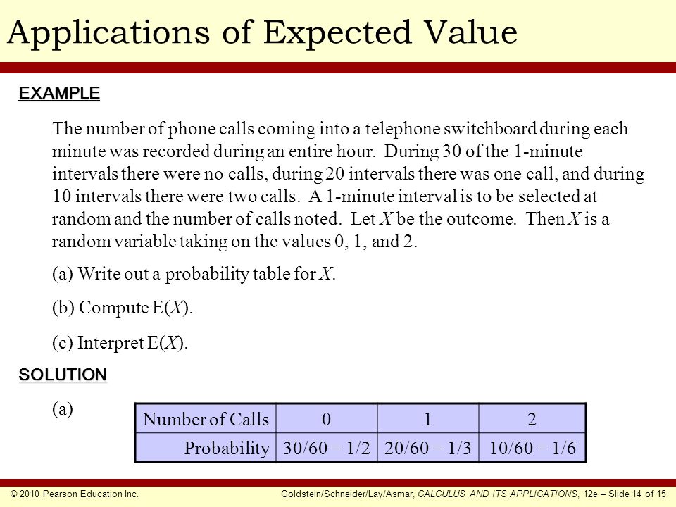 © 2010 Pearson Education Inc.Goldstein/Schneider/Lay/Asmar, CALCULUS AND ITS APPLICATIONS, 12e – Slide 14 of 15 Applications of Expected ValueEXAMPLE SOLUTION The number of phone calls coming into a telephone switchboard during each minute was recorded during an entire hour.