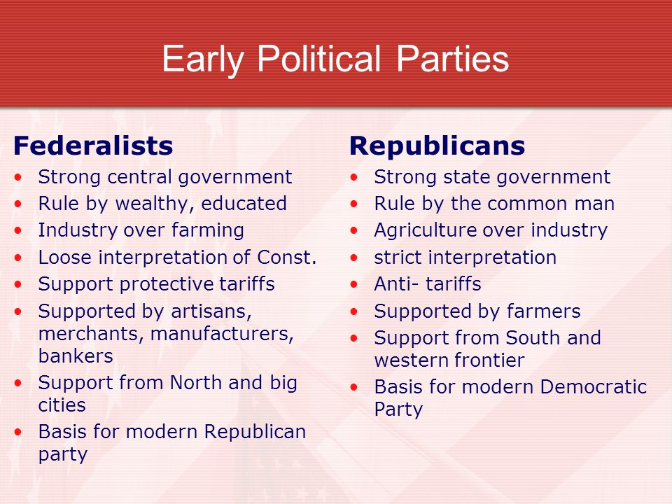 Early Political Parties Federalists Strong central government Rule by wealthy, educated Industry over farming Loose interpretation of Const.