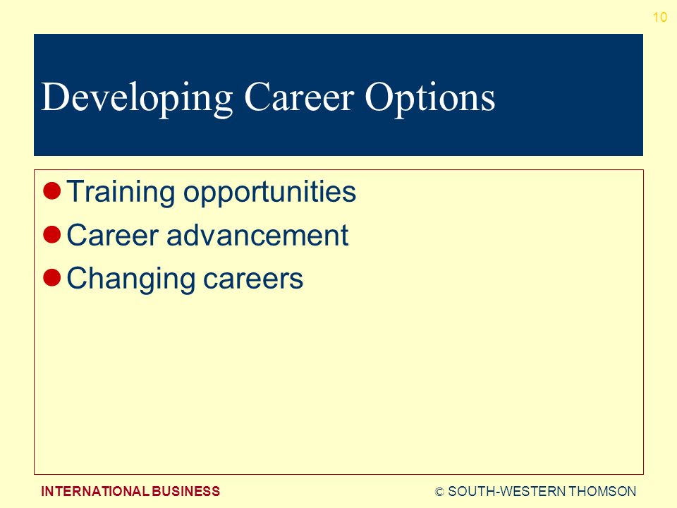 © SOUTH-WESTERN THOMSONINTERNATIONAL BUSINESS 10 Developing Career Options Training opportunities Career advancement Changing careers