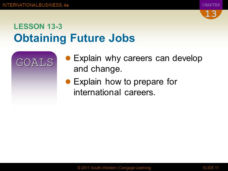 INTERNATIONAL BUSINESS, 4e CHAPTER © 2011 South-Western | Cengage Learning SLIDE LESSON 13-3 Obtaining Future Jobs GOALS Explain why careers can develop and change.