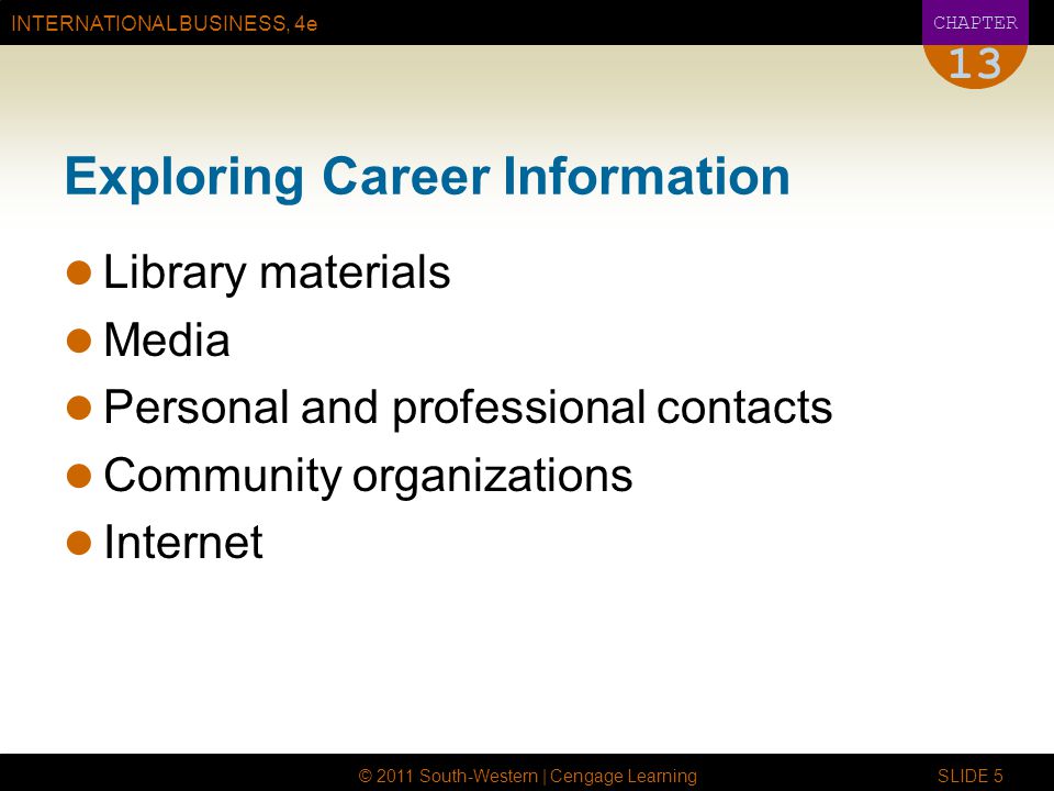 INTERNATIONAL BUSINESS, 4e CHAPTER © 2011 South-Western | Cengage Learning SLIDE 5 13 Exploring Career Information Library materials Media Personal and professional contacts Community organizations Internet