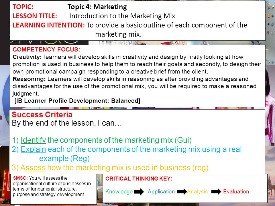 TOPIC:Topic 4: Marketing LESSON TITLE: Introduction to the Marketing Mix LEARNING INTENTION: To provide a basic outline of each component of the marketing mix.
