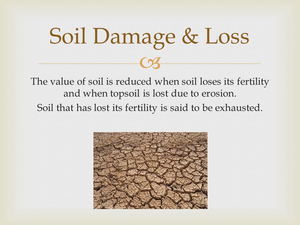  The value of soil is reduced when soil loses its fertility and when topsoil is lost due to erosion.