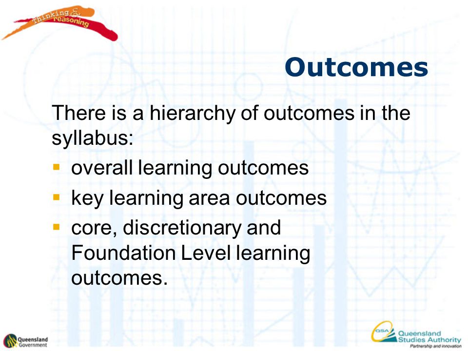 Outcomes There is a hierarchy of outcomes in the syllabus:  overall learning outcomes  key learning area outcomes  core, discretionary and Foundation Level learning outcomes.