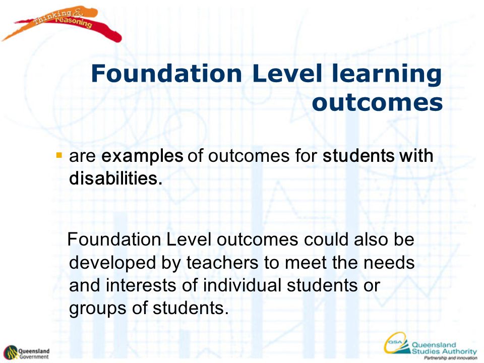Foundation Level learning outcomes  are examples of outcomes for students with disabilities.