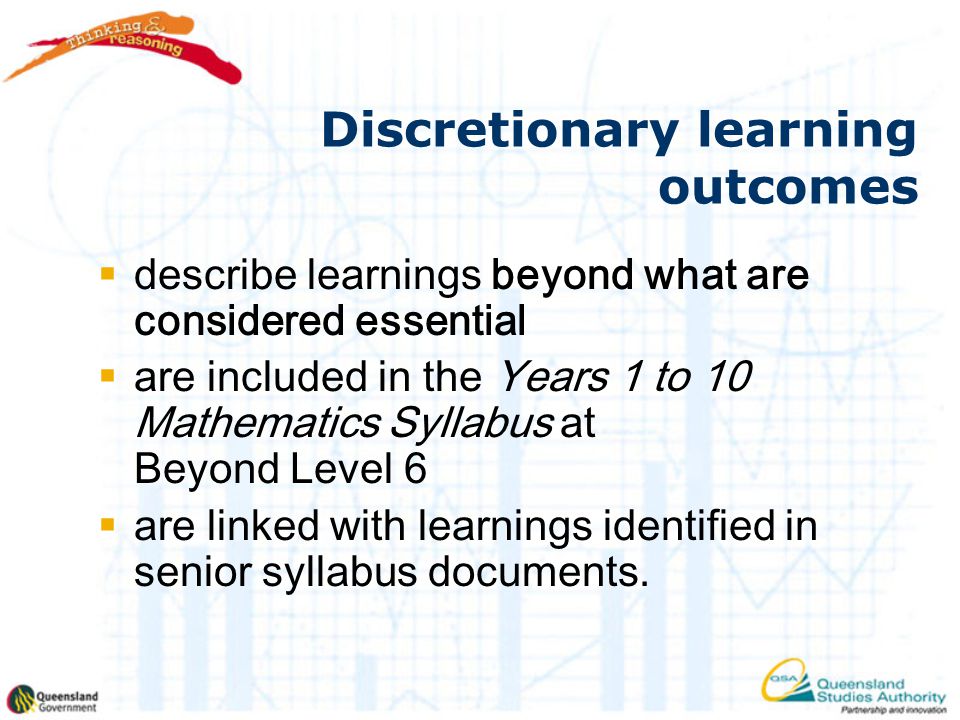 Discretionary learning outcomes  describe learnings beyond what are considered essential  are included in the Years 1 to 10 Mathematics Syllabus at Beyond Level 6  are linked with learnings identified in senior syllabus documents.