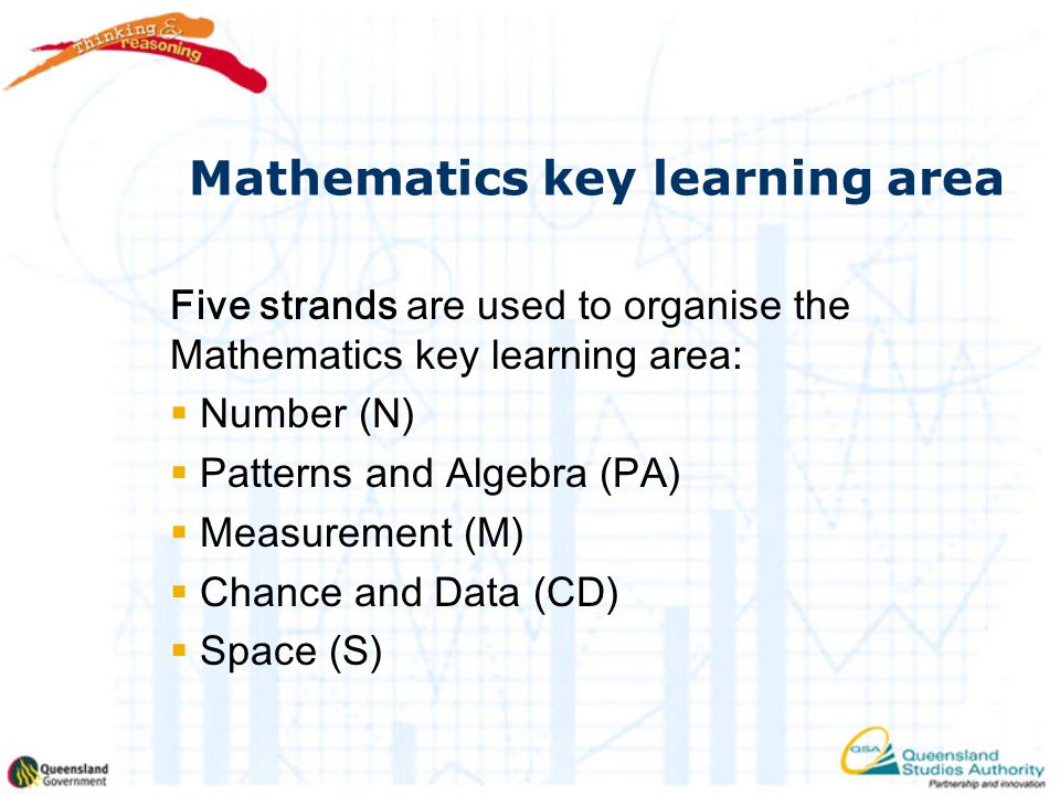 Mathematics key learning area Five strands are used to organise the Mathematics key learning area:  Number (N)  Patterns and Algebra (PA)  Measurement (M)  Chance and Data (CD)  Space (S)