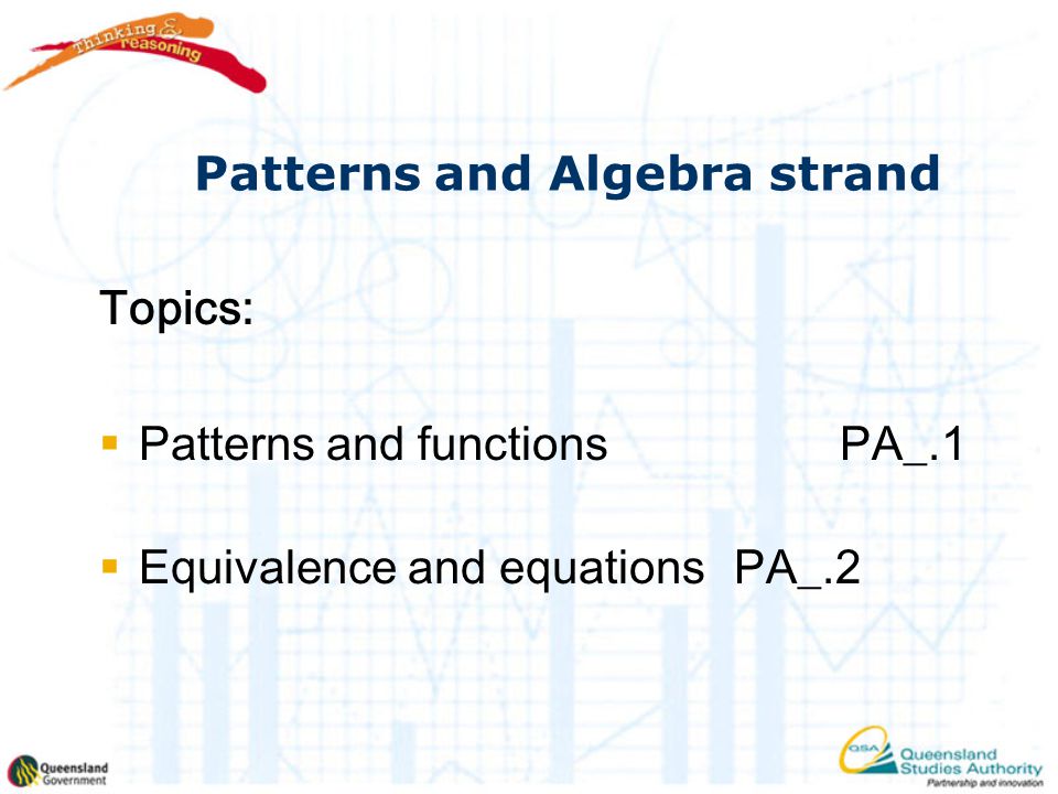 Patterns and Algebra strand Topics:  Patterns and functions PA_.1  Equivalence and equations PA_.2