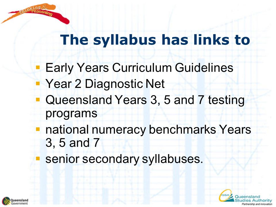 The syllabus has links to  Early Years Curriculum Guidelines  Year 2 Diagnostic Net  Queensland Years 3, 5 and 7 testing programs  national numeracy benchmarks Years 3, 5 and 7  senior secondary syllabuses.