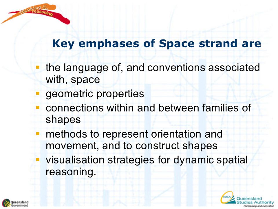 Key emphases of Space strand are  the language of, and conventions associated with, space  geometric properties  connections within and between families of shapes  methods to represent orientation and movement, and to construct shapes  visualisation strategies for dynamic spatial reasoning.