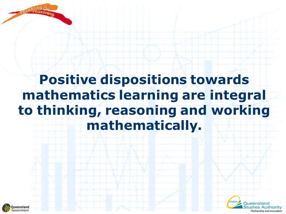 Positive dispositions towards mathematics learning are integral to thinking, reasoning and working mathematically.